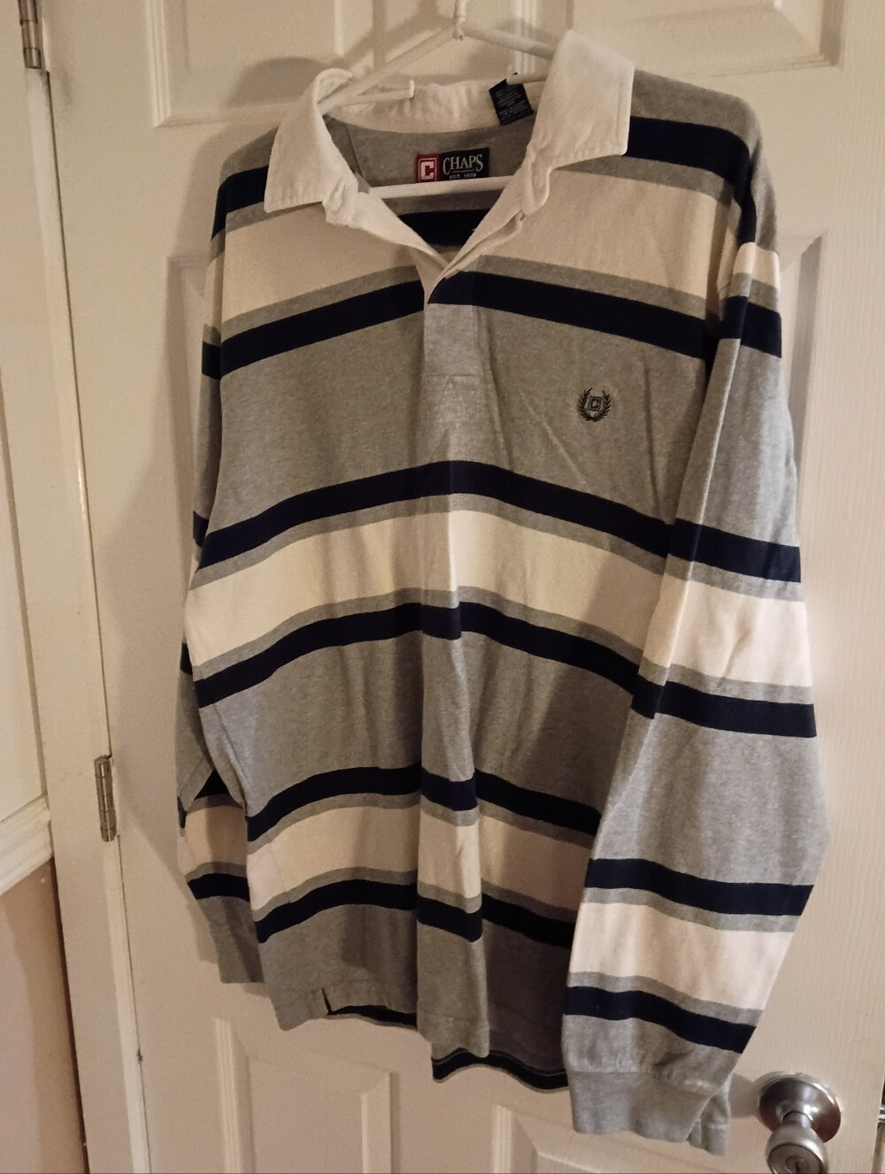 XL Chaps Men's Grey & White Striped Rugby Polo Shirt